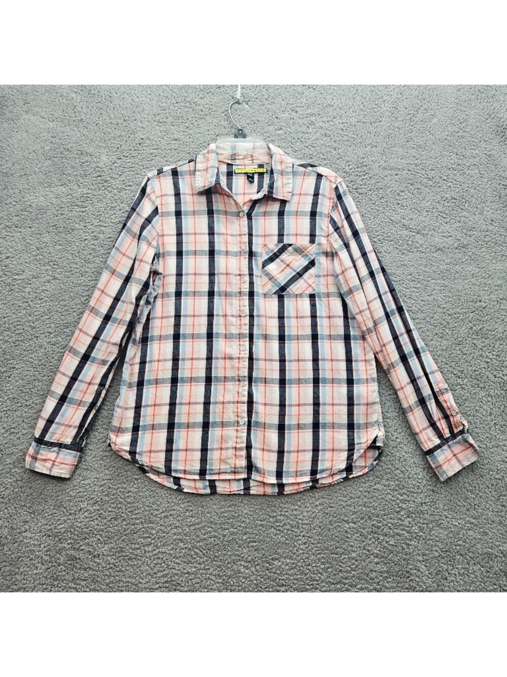 Prince & Fox Womens Plaid Button-Up Shirt Large Long Sleeve Cotton Pink Navy